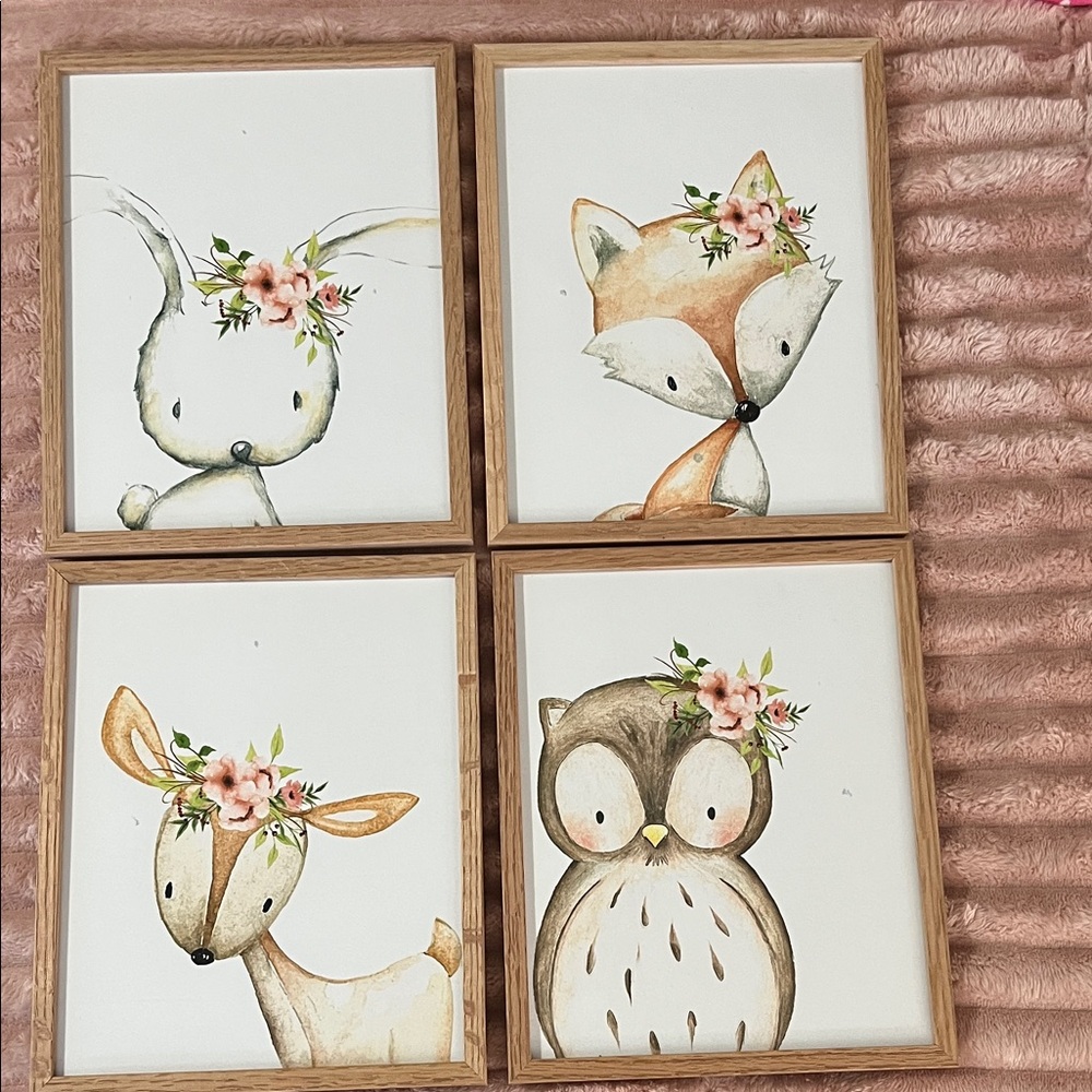 Adorable baby animal pictures in solid wood 8 1/2 x 10 1/2 frames. Prints in EC.